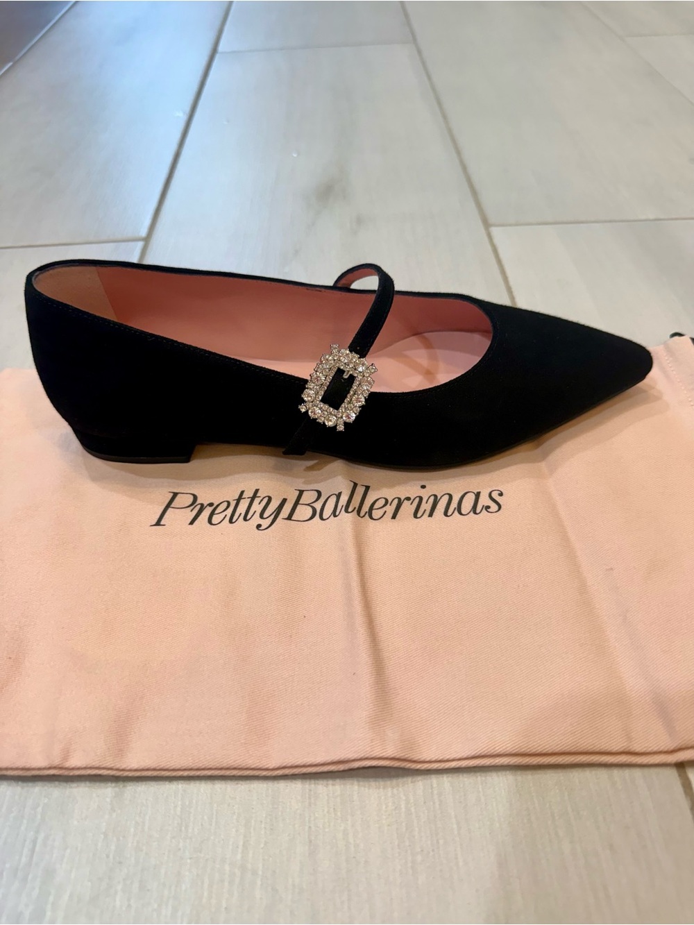Pretty Ballerinas Black Suede Pointed Mary Jane Flat with Rhinestone Buckle